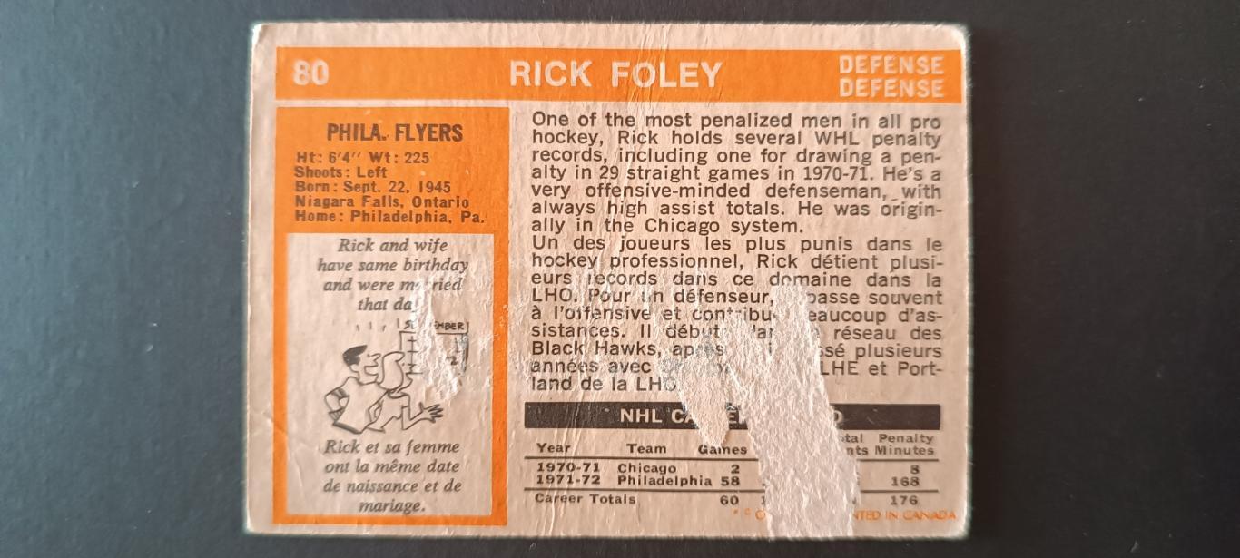 ХОККЕЙ КАРТОЧКА НХЛ O-PEE-CHEE 1972-73 NHL RICK FOLEY PHILADELPHIA #80 1