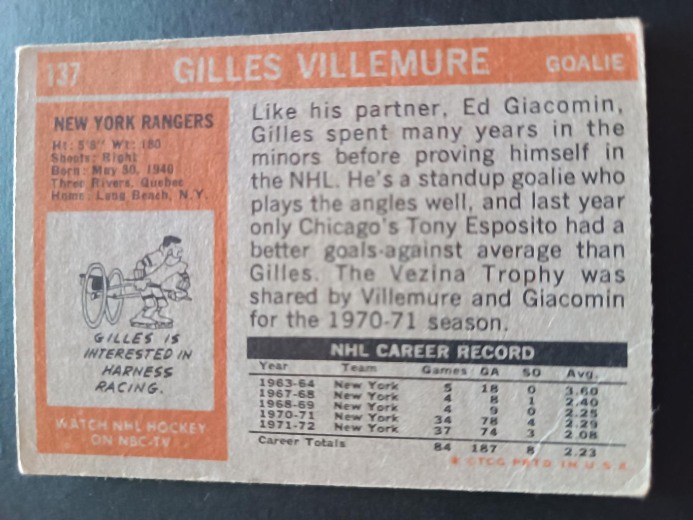 ХОККЕЙ КАРТОЧКА НХЛ TOPPS TCG 1972-73 NHL GILLES VILLEMURE NEW YORK RANGERS #137 1