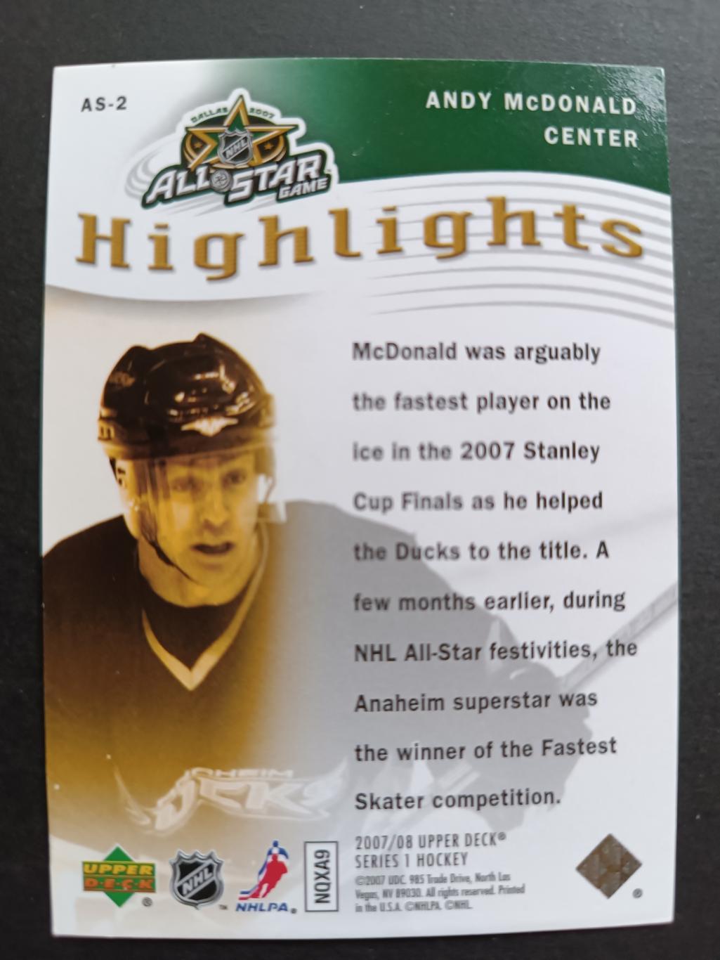 ХОККЕЙ КАРТОЧКА НХЛ UPPER DECK 2007-08 NHL ALL STAR GAME ANDY MCDONALD #AS-2 1