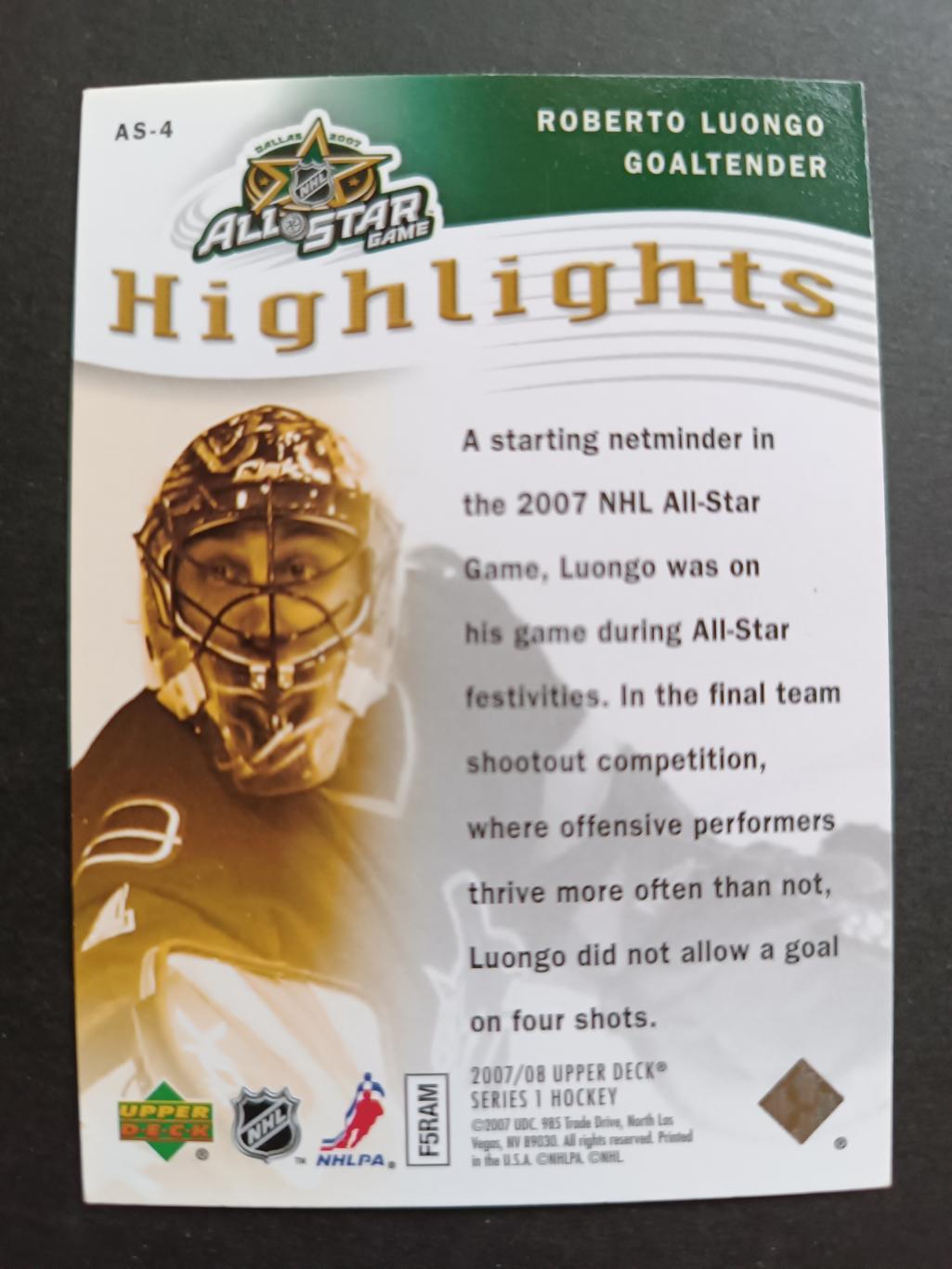 ХОККЕЙ КАРТОЧКА НХЛ UPPER DECK 2007-08 NHL ALL STAR GAME ROBERTO LUONGO #AS-4 1