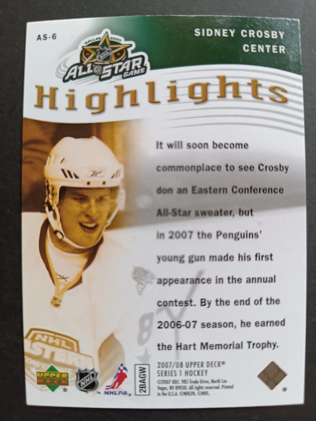 ХОККЕЙ КАРТОЧКА НХЛ UPPER DECK 2007-08 NHL ALL STAR GAME SIDNEY CROSSBY #AS-6 1