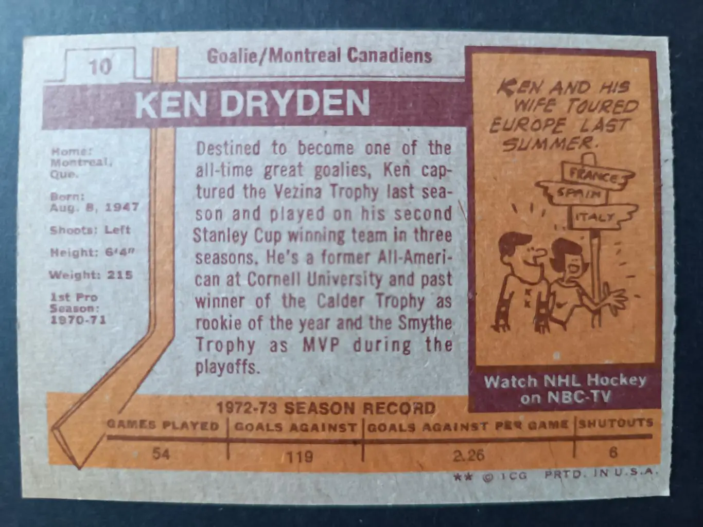 ХОККЕЙ КАРТОЧКА НХЛ O-PEE-CHEE 1973-74 NHL ALL STAR EAST KEN DRYDEN #10 1