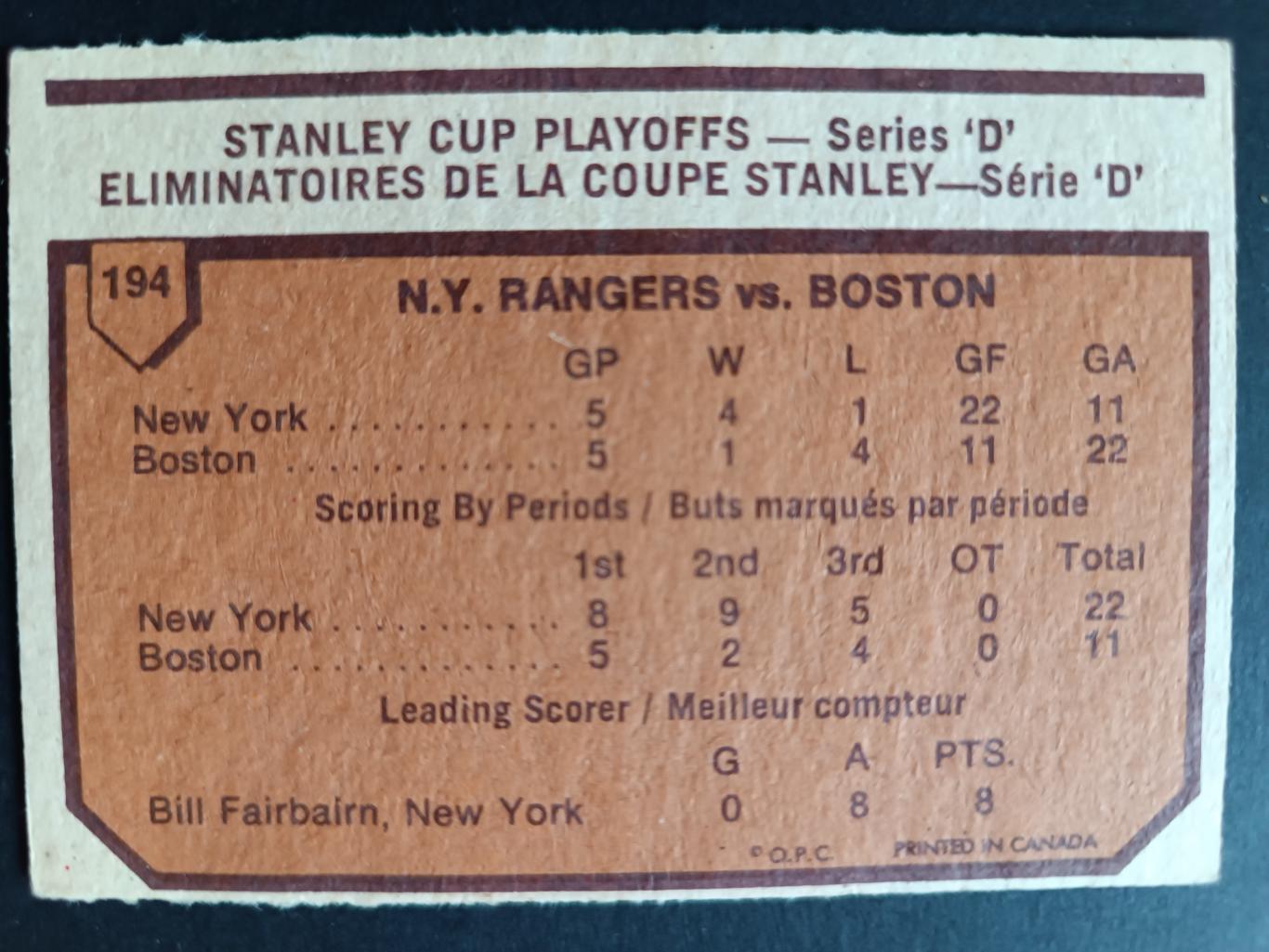 ХОККЕЙ КАРТОЧКА НХЛ O-PEE-CHEE 1973-74 NHL STANLEY CUP RANGERS BRUINS #194 1