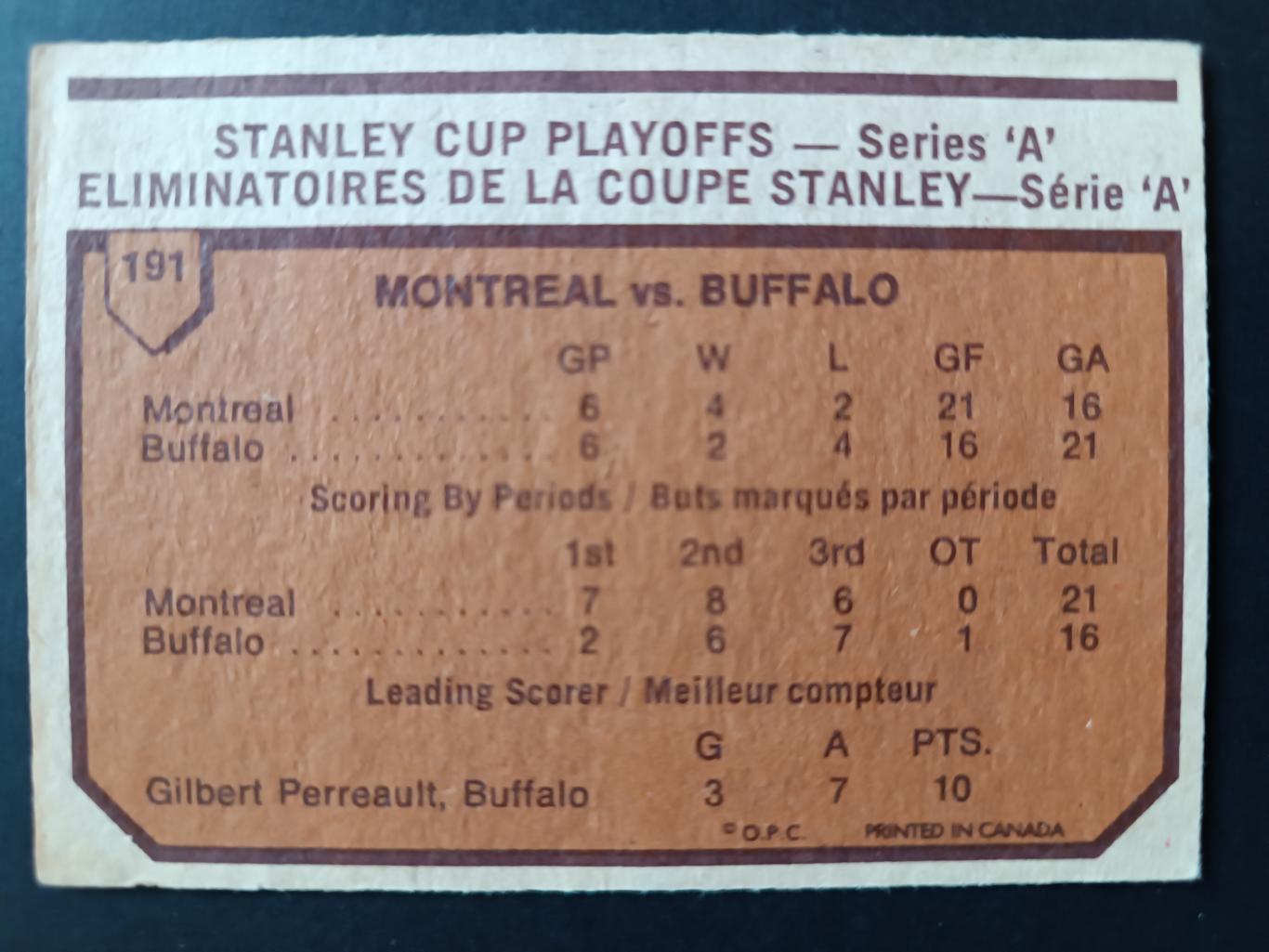ХОККЕЙ КАРТОЧКА НХЛ O-PEE-CHEE 1973-74 NHL STANLEY CUP CANADIENS SABRES #191 1