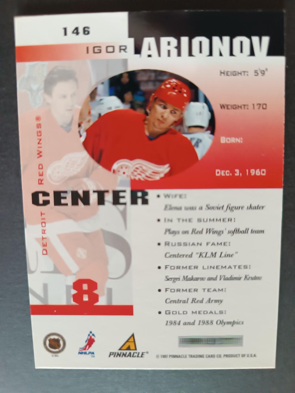 ХОККЕЙ КАРТОЧКА НХЛ PINNACLE INSIDE 1997-98 NHL IGOR LARIONOV DETROIT #146 1