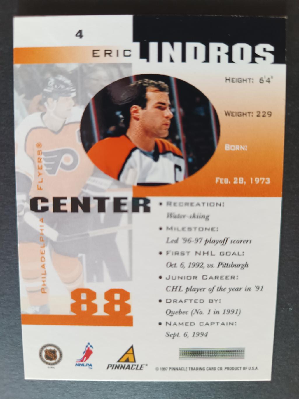 ХОККЕЙ КАРТОЧКА НХЛ PINNACLE INSIDE 1997-98 NHL ERIC LINDROS PHILADELPHIA #4 1