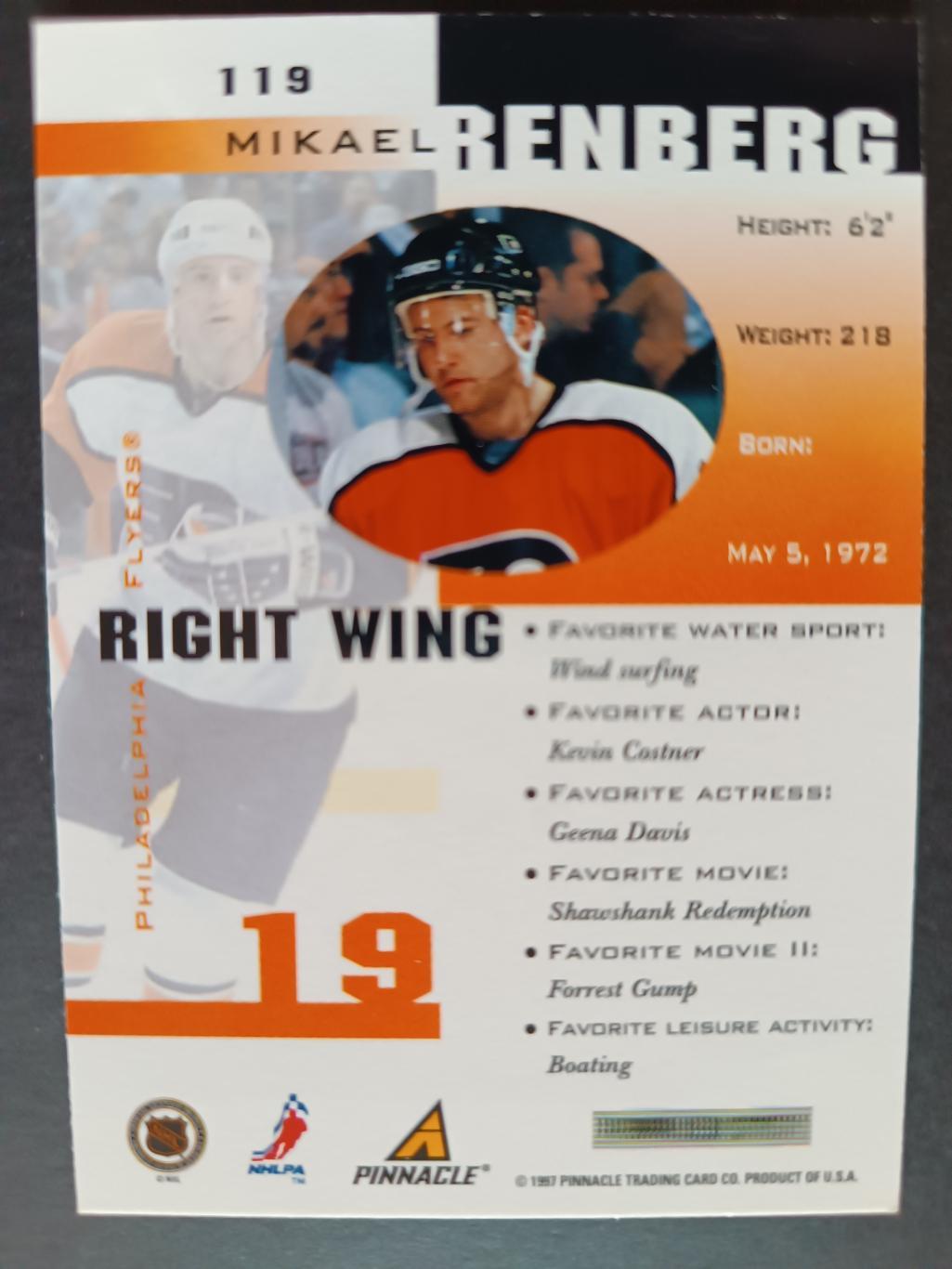 ХОККЕЙ КАРТОЧКА НХЛ PINNACLE INSIDE 1997-98 NHL MIKAEL RENBERG PHILADELPHIA #119 1