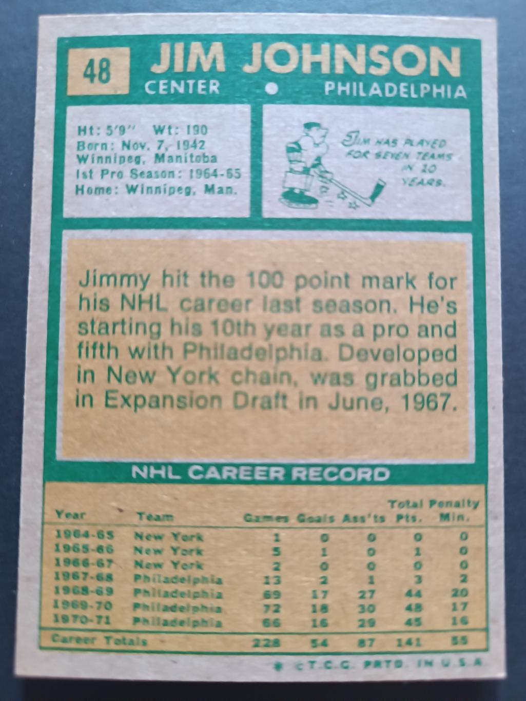 ХОККЕЙ КАРТОЧКА НХЛ TOPPS 1971-72 NHL JIM JOHNSON PHILADELPHIA FLYERS #48 1