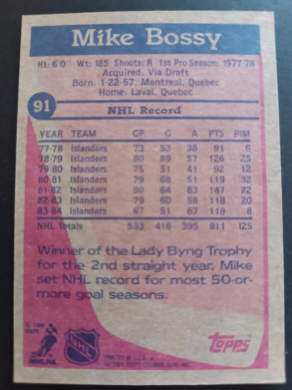 ХОККЕЙ КАРТОЧКА НХЛ TOPPS 1984-85 NHL MIKE BOSSY NEW YORK ISLANDERS #91 3
