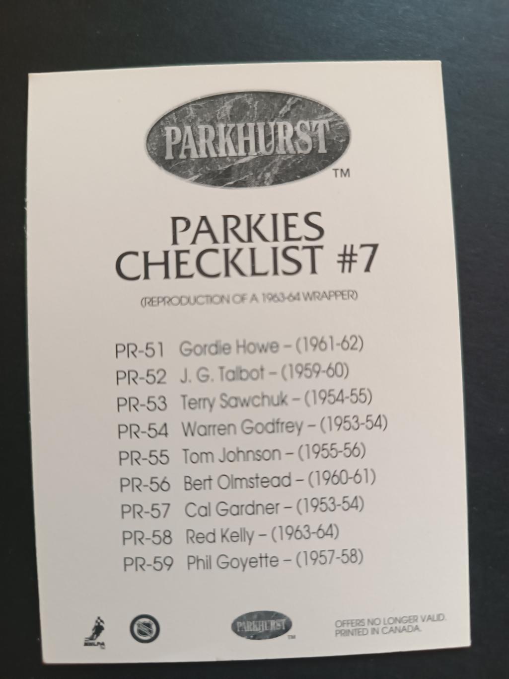 КАРТОЧКА НХЛ PARKHURST 1993-1994 NHL CHECKLIST #7 1