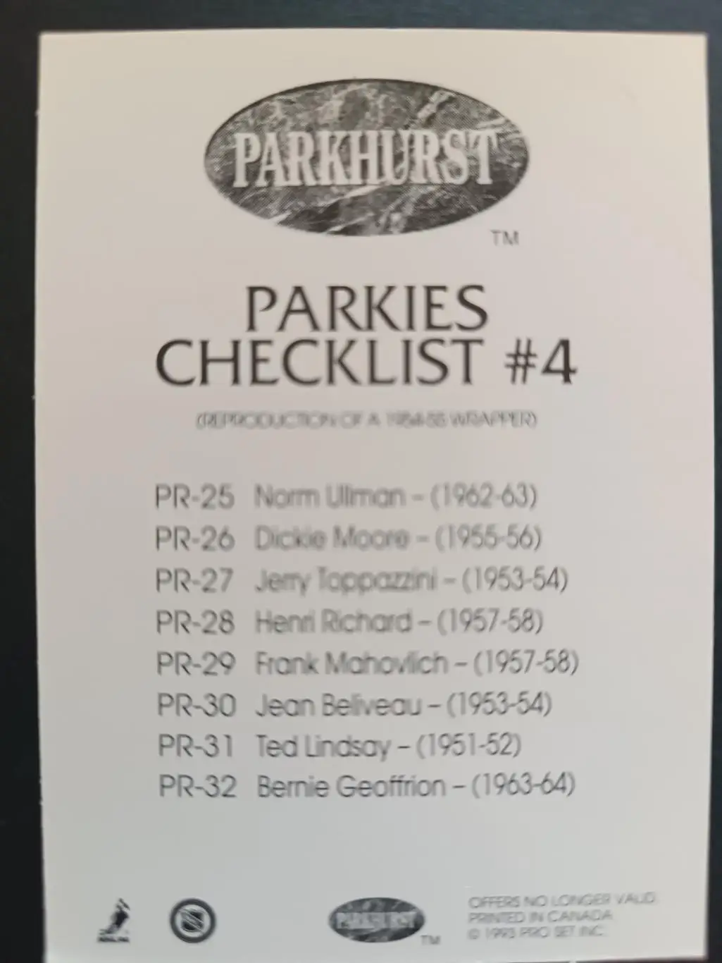 КАРТОЧКА НХЛ PARKHURST 1993-1994 NHL CHECKLIST #4 1