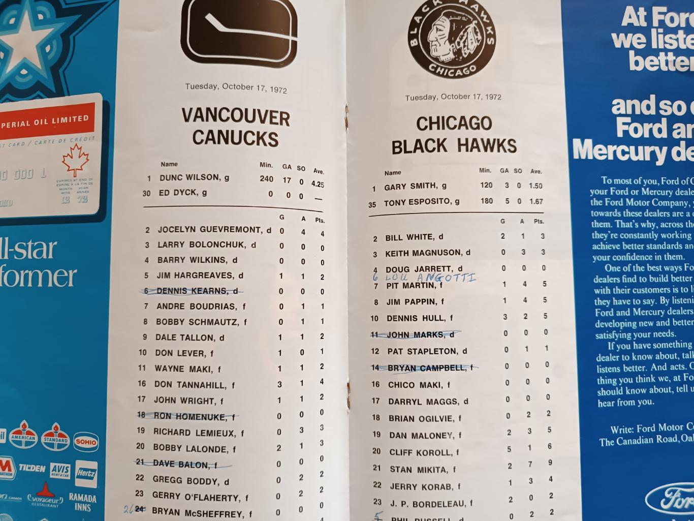 ПРОГРАММА МАТЧА НХЛ ВАНКУВЕР ЧИКАГО 1972 OCT.17 VANCOUVER VS. CHICAGO PROGRAM 4