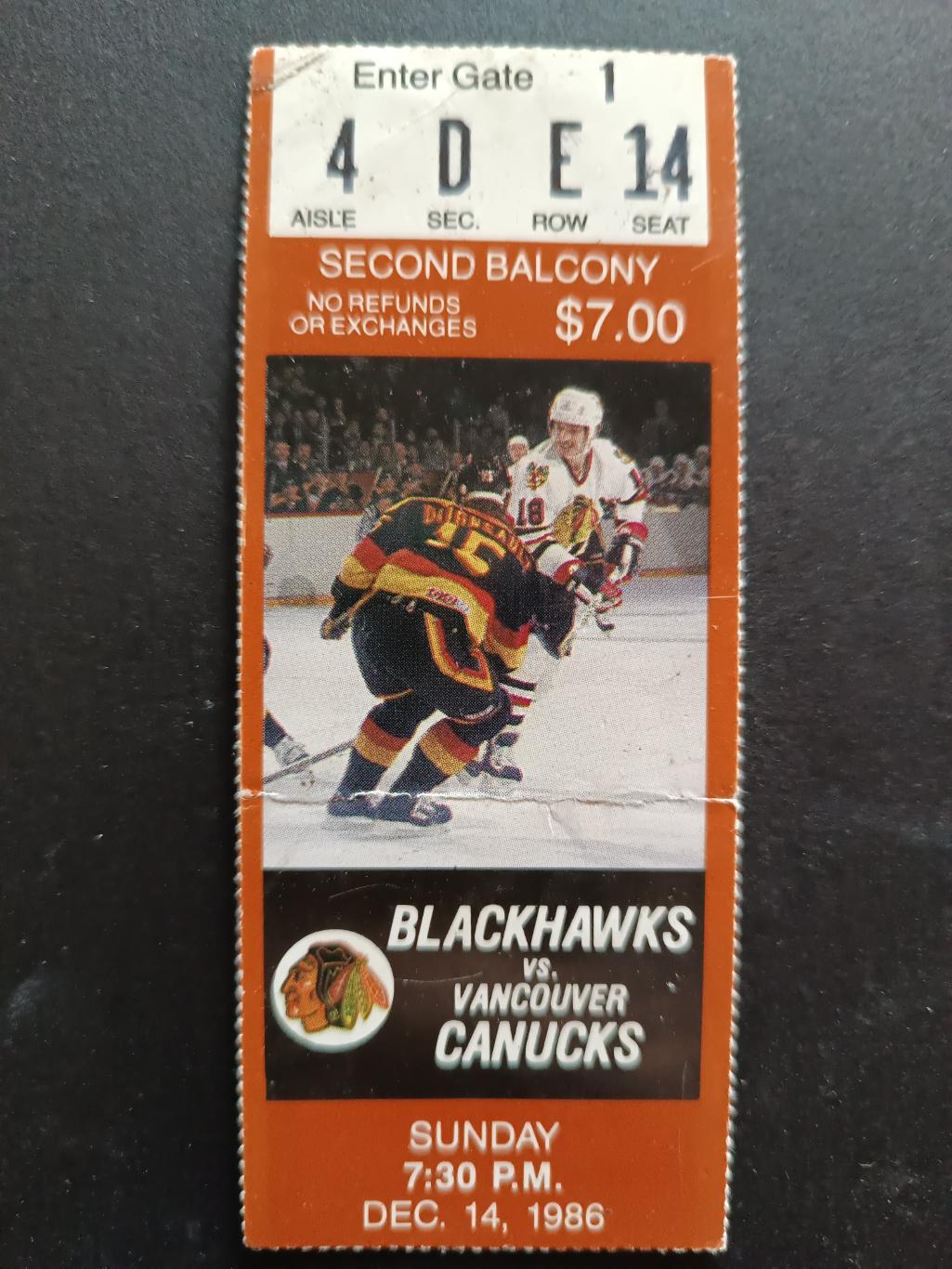 БИЛЕТ МАТЧА ХОККЕЙ БЛЭКХОУКС КЭНАКС 1986 DEC 14 NHL BLACK HAWKS VS. CANUCKS