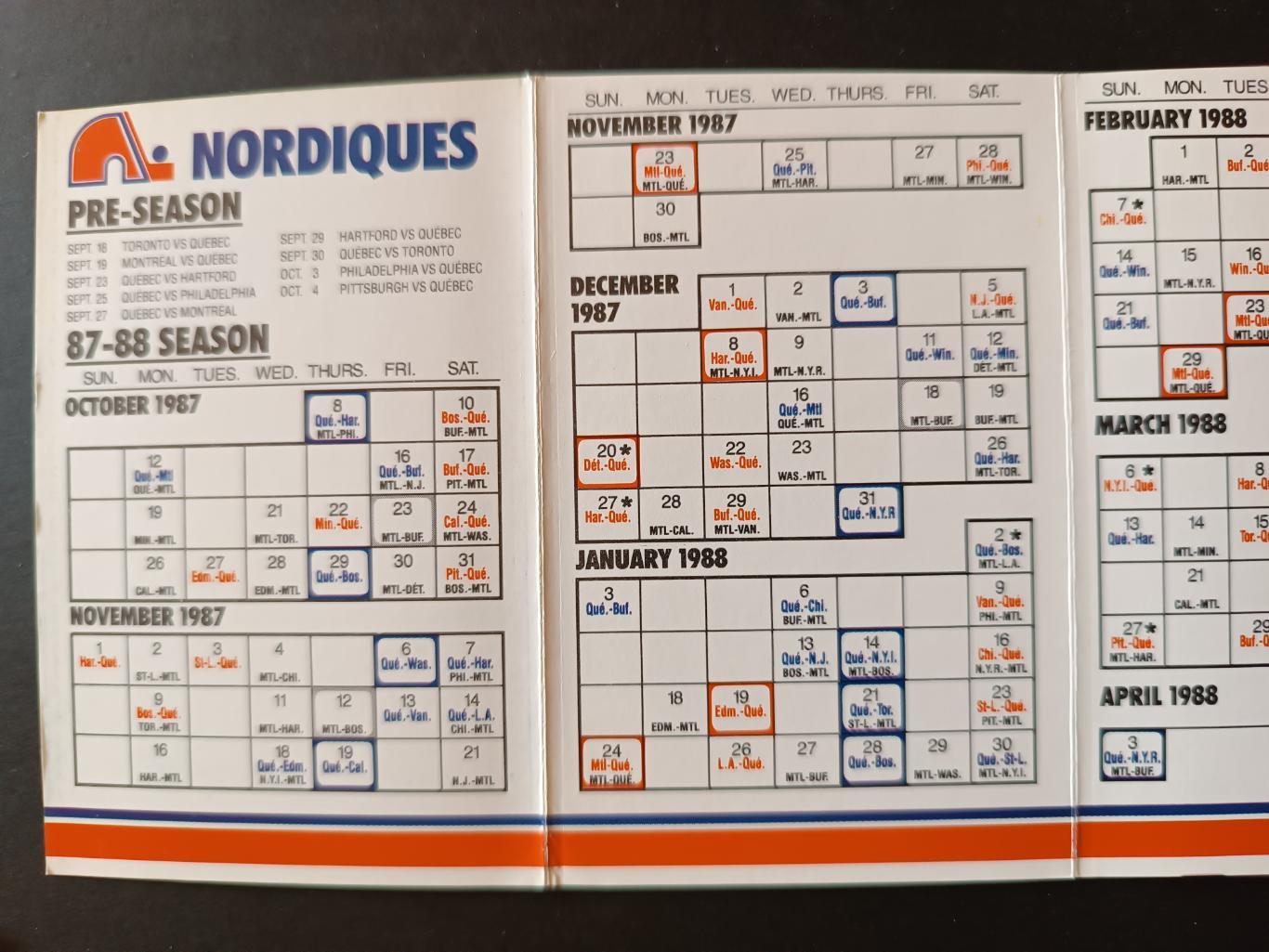 ХОККЕЙ КАЛЕНДАРЬ НХЛ КВЕБЕК НОРДИКС 1987-88 NHL LES NORDIQUES OFFICIAL CALENDAR 1