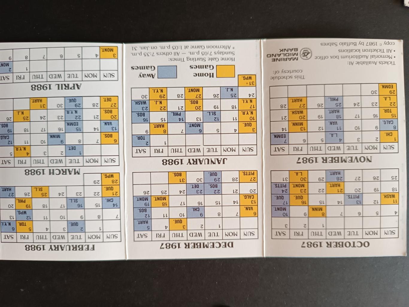 ХОККЕЙ РАСПИСАНИЕ НХЛ БАФФАЛО 1987-88 NHL BUFFALO SABRES OFFICIAL SCHEDULE 1