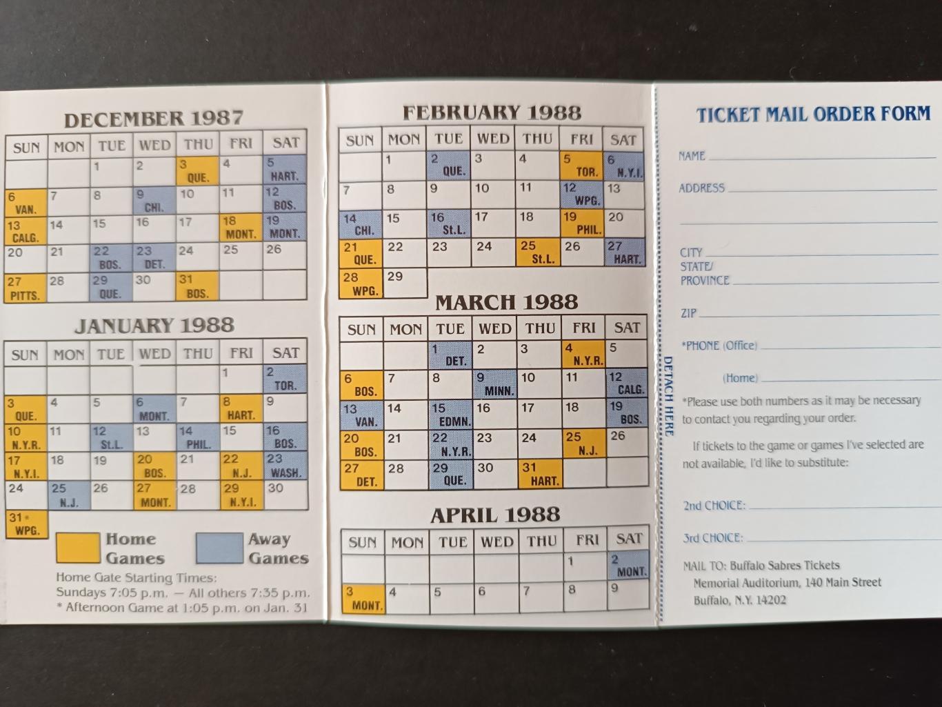 ХОККЕЙ РАСПИСАНИЕ НХЛ БАФФАЛО 1987-88 NHL BUFFALO SABRES OFFICIAL SCHEDULE 2