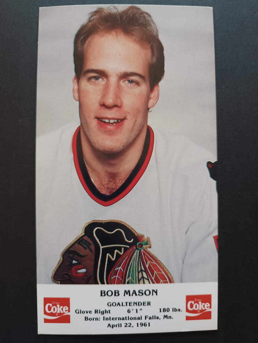 ХОККЕЙ ОТКРЫТКА НХЛ КОКА КОЛА 1986-87 NHL POSTCARD COKE BOB MASON CHICAGO