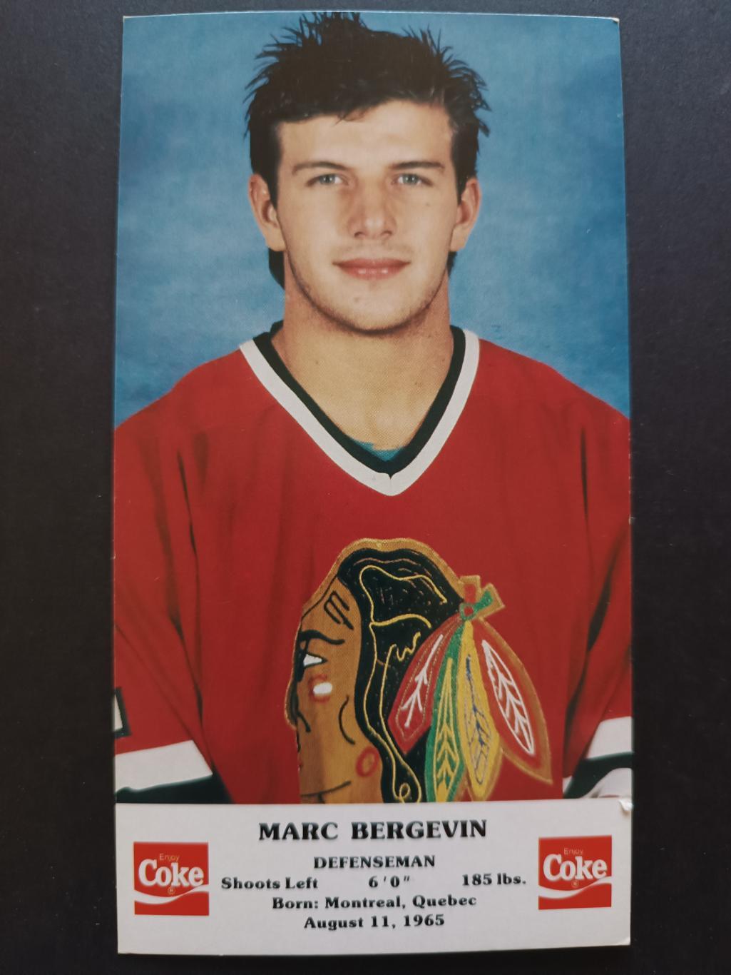 ХОККЕЙ ОТКРЫТКА НХЛ КОКА КОЛА 1986-87 NHL POSTCARD COKE MARC BERGEVIN CHICAGO