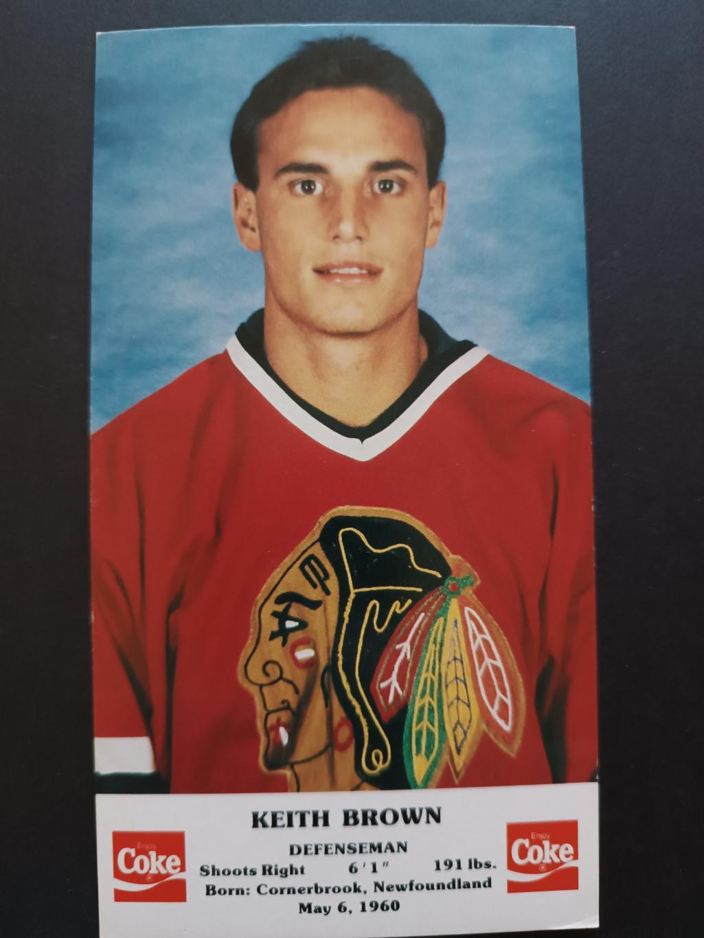 ХОККЕЙ ОТКРЫТКА НХЛ КОКА КОЛА 1986-87 NHL POSTCARD COKE KEITH BROWN CHICAGO 1