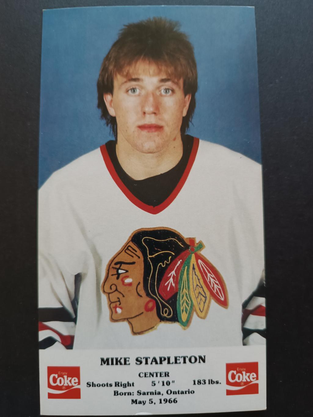 ХОККЕЙ ОТКРЫТКА НХЛ КОКА КОЛА 1986-87 NHL POSTCARD COKE MIKE STAPLETON CHICAGO