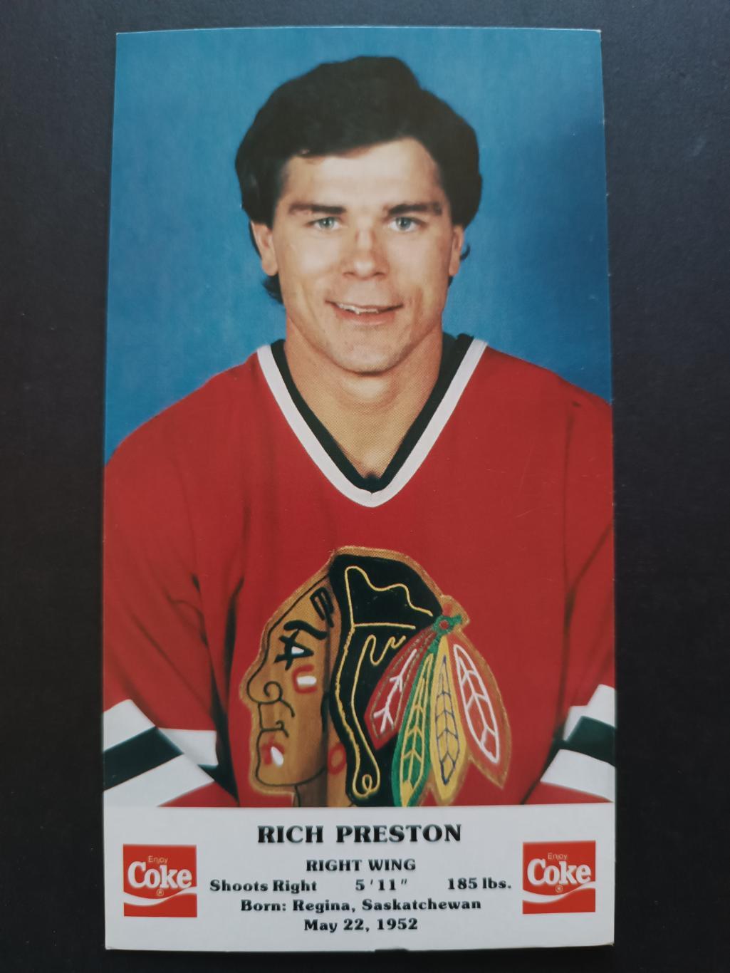 ХОККЕЙ ОТКРЫТКА НХЛ КОКА КОЛА 1986-87 NHL POSTCARD COKE RICH PRESTON CHICAGO