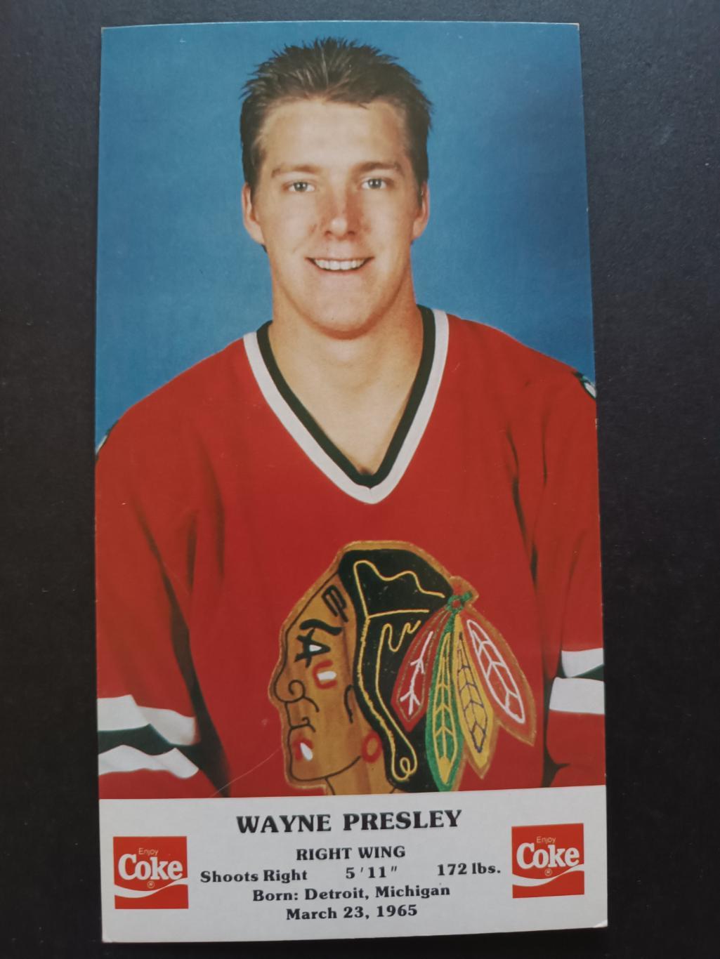 ХОККЕЙ ОТКРЫТКА НХЛ КОКА КОЛА 1986-87 NHL POSTCARD COKE WAYNE PRESLEY CHICAGO 1