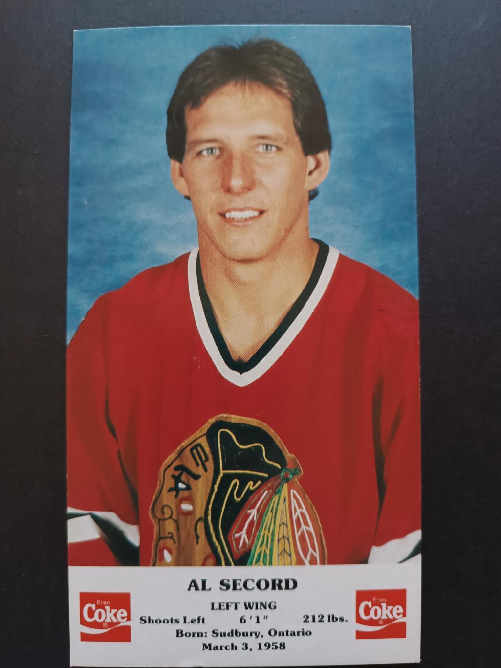 ХОККЕЙ ОТКРЫТКА НХЛ КОКА КОЛА 1986-87 NHL POSTCARD COKE AL SECORD CHICAGO