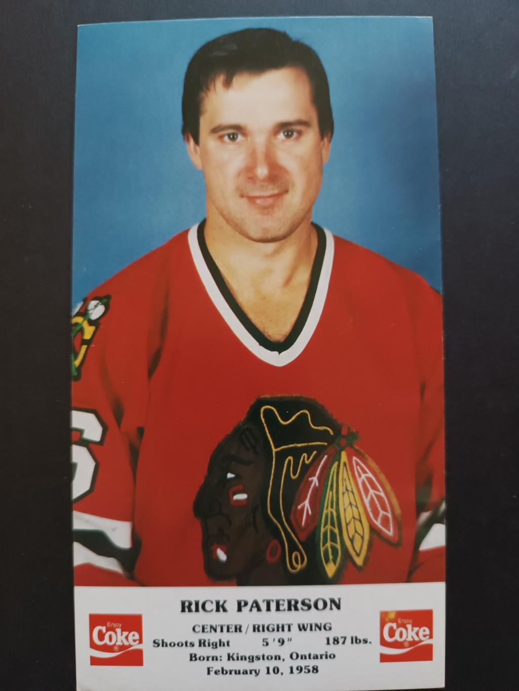 ХОККЕЙ ОТКРЫТКА НХЛ КОКА КОЛА 1986-87 NHL POSTCARD COKE RICK PATERSON CHICAGO