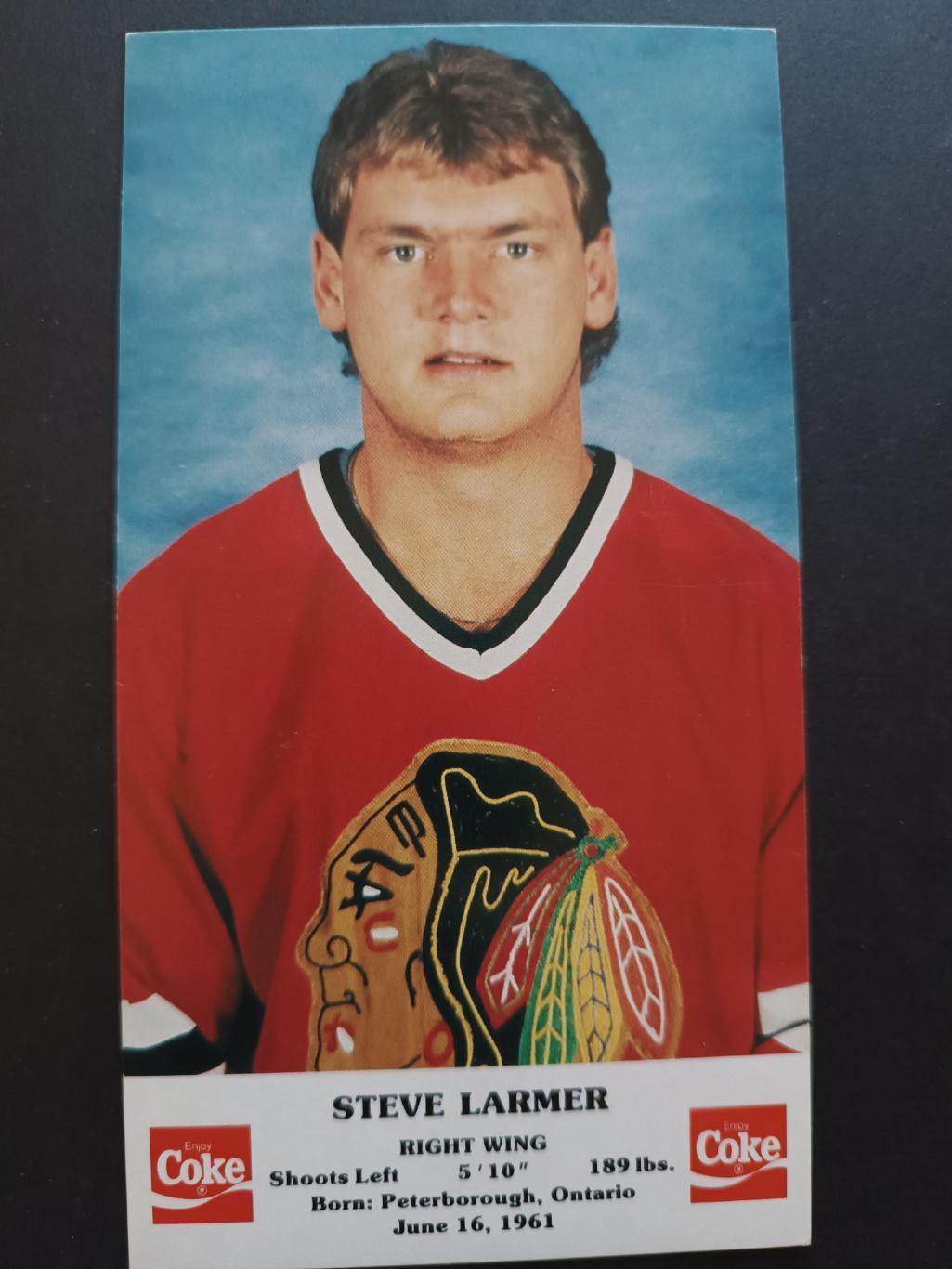 ХОККЕЙ ОТКРЫТКА НХЛ КОКА КОЛА 1986-87 NHL POSTCARD COKE STEVE LARMER CHICAGO 1