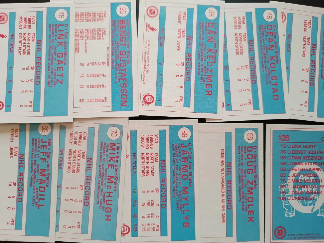 ХОККЕЙ НАБОР КАРТОЧЕК НХЛ O-PEE-CHEE 1991-92 NHL HOCKEY CARD SPECIAL SET #1S-10S 1