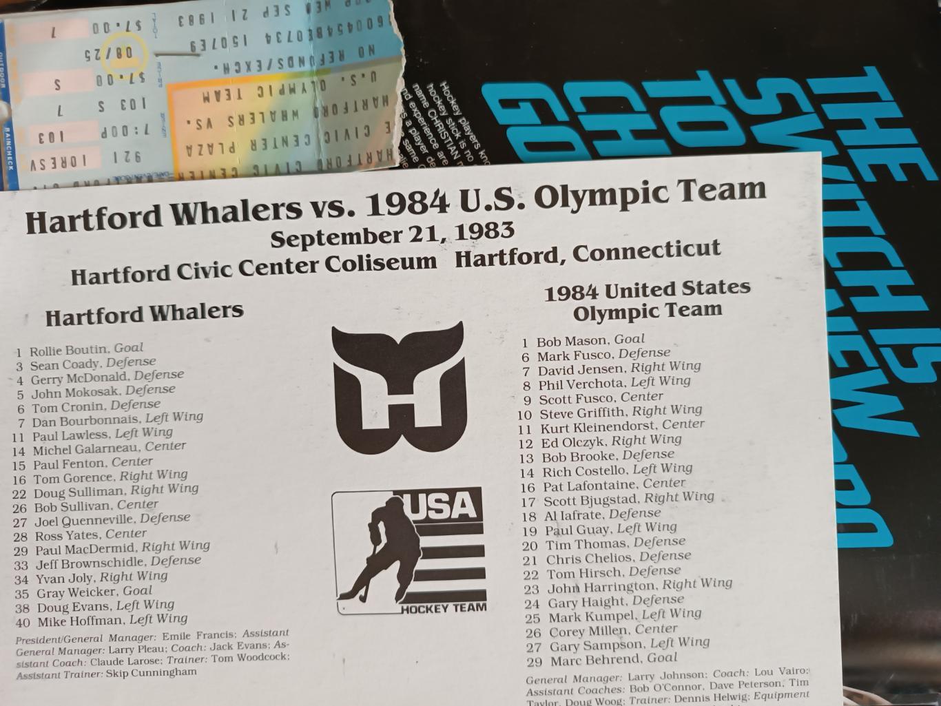 ПРОГРАММА МАТЧА НХЛ КОМАНДА АМЕРИКИ 1983 SEP.21 NHL WHALERS VS. OLYMPIC TEAM 1