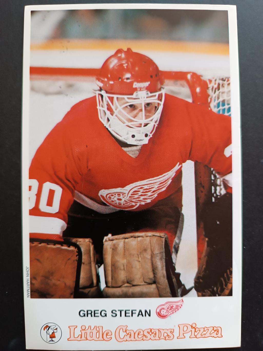 ХОККЕЙ ОТКРЫТКА НХЛ СТЕФАН 1985 NHL POSTCARD GREG STEFAN CAESARS PIZZA DETROIT