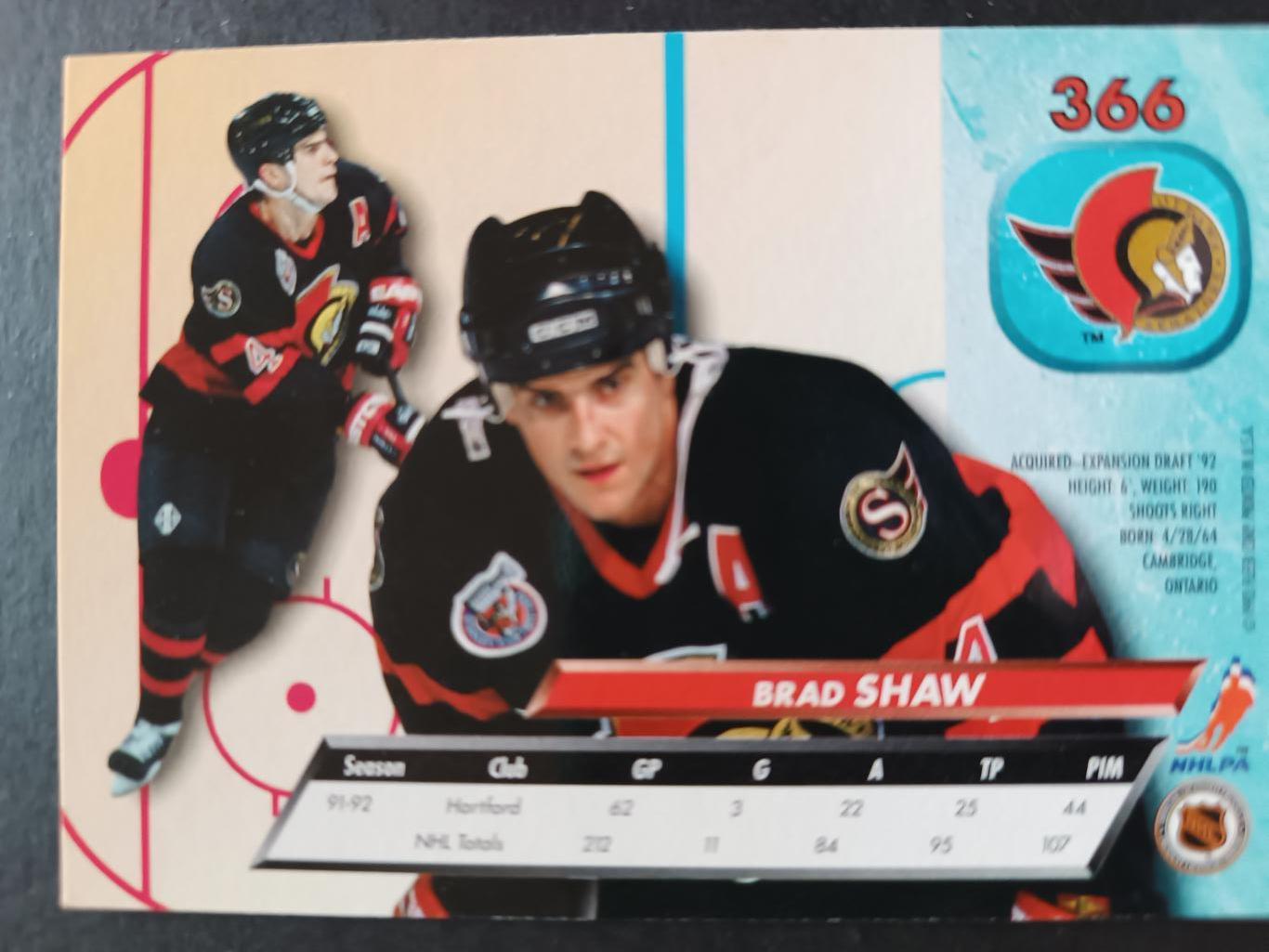 ХОККЕЙ КАРТОЧКА НХЛ FLEER ULTRA 1992-93 NHL BRAD SHAW OTTAWA SENATORS #366 1