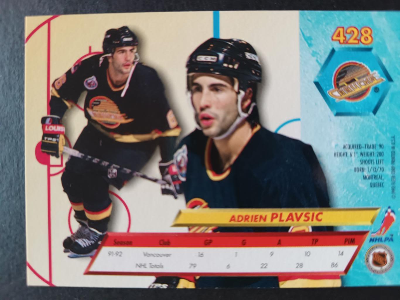 ХОККЕЙ КАРТОЧКА НХЛ FLEER ULTRA 1992-93 NHL ADRIEN PLAVSIC VANCOUVER #428 3