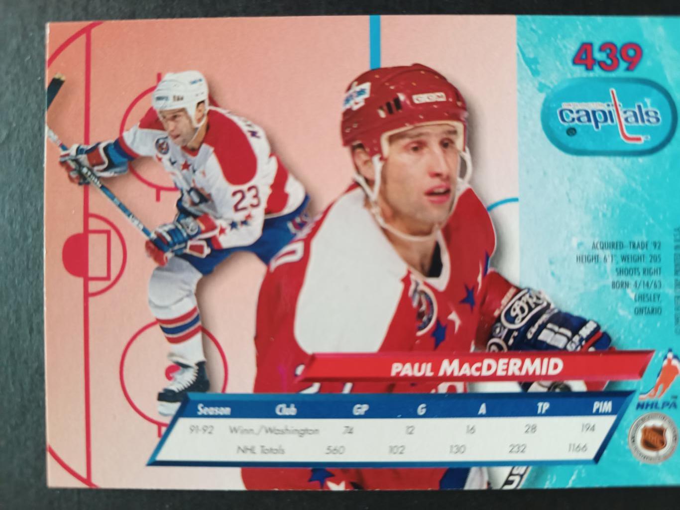 ХОККЕЙ КАРТОЧКА НХЛ FLEER ULTRA 1992-93 NHL PAUL MACDERMID WASHINGTON #439 1