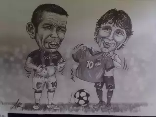 Дружеский шарж МЕССИ и Павел ГОРВАТ 23 Х 15 см. Оптом скидки до 30%.