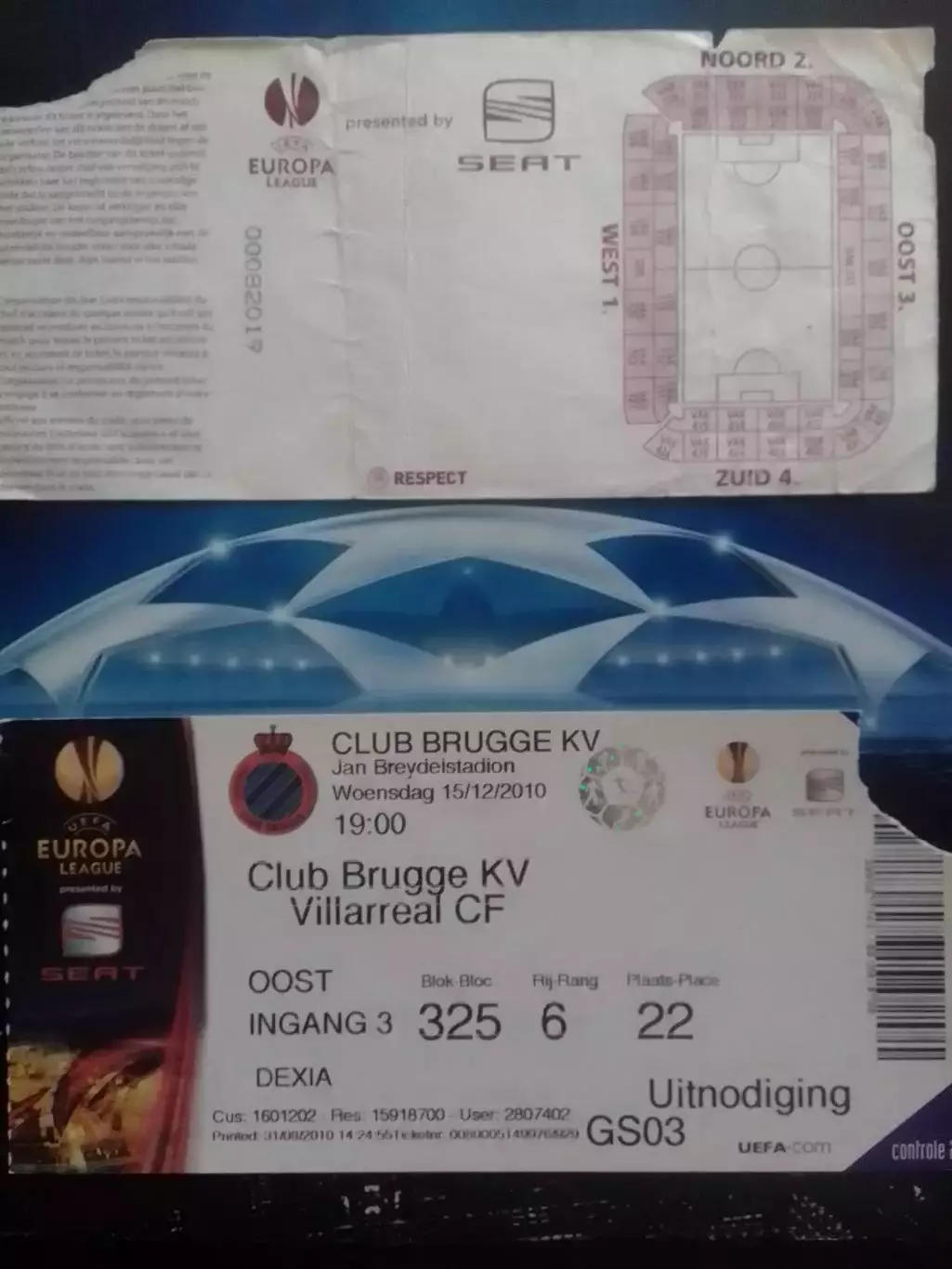 Билет из Бельгии. BRUGGE. БРЮГГЕ - ВИЛЬЯРЕАЛ Испания 15.12.2010 Оптом скидки 30%