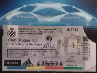 Билет из Бельгии. BRUGGE KV БРЮГГЕ - БОРДО Франция. 25.3.2008. Оптом скидки 30%!
