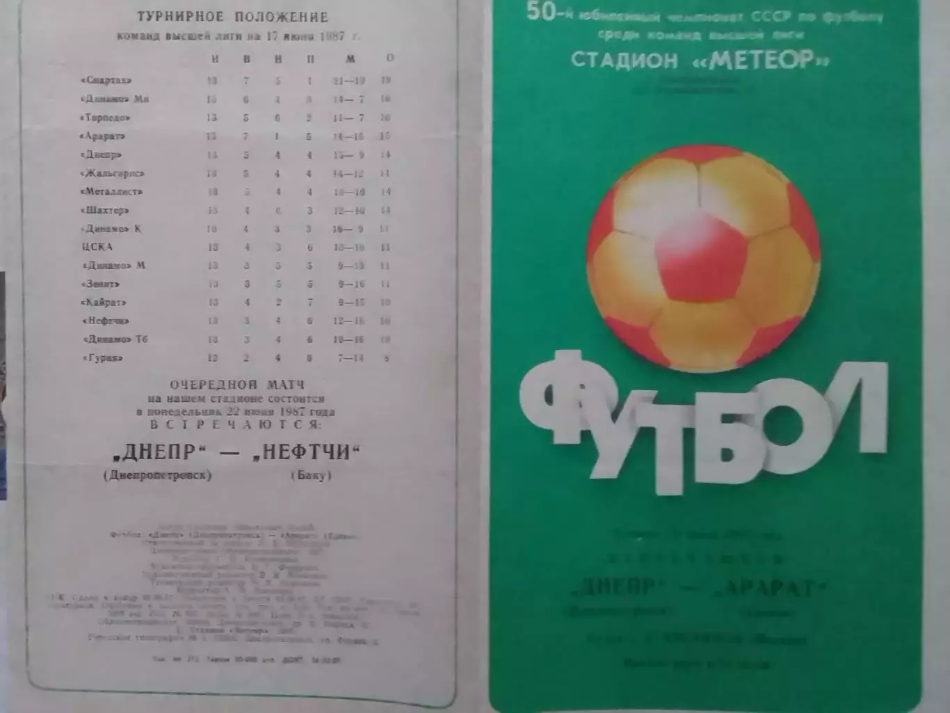 ДНЕПР Днепропетровск - АРАРАТ Ереван 18.06.1987. Оптом скидки до 30%!