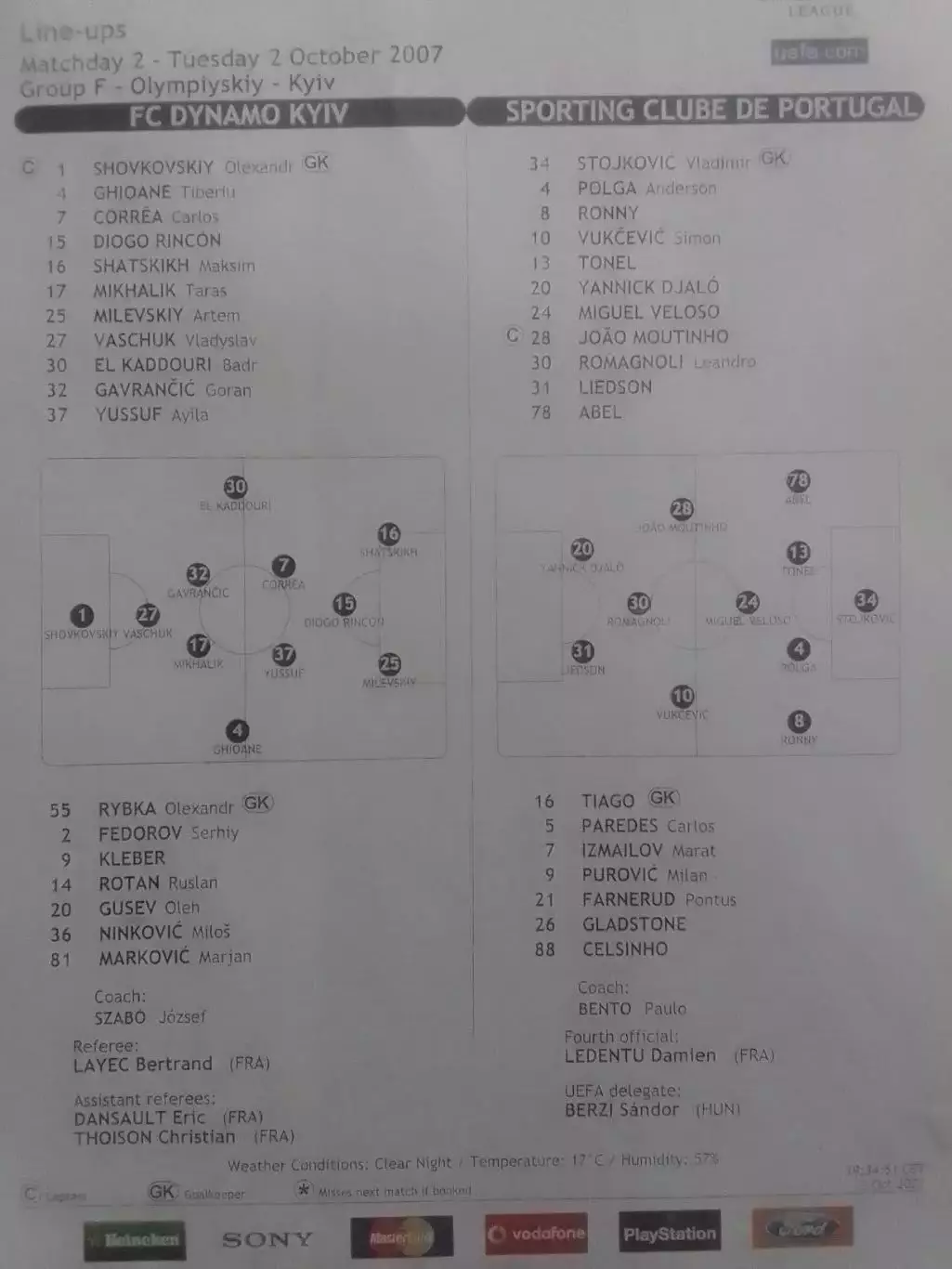 FC DYNAMO Kyiv, Динамо Киев- SPORTING СПОРТИНГ Порт. 2.10.2007 Оптом скидки 30%!