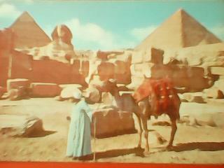 Гиза. Сфинкс и большая пирамида Хеопса. Почтовая карточка Египта .
