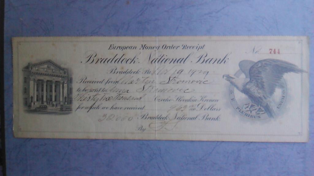Чек Бреддокского Национального Банка в Европе 1929 года № 744