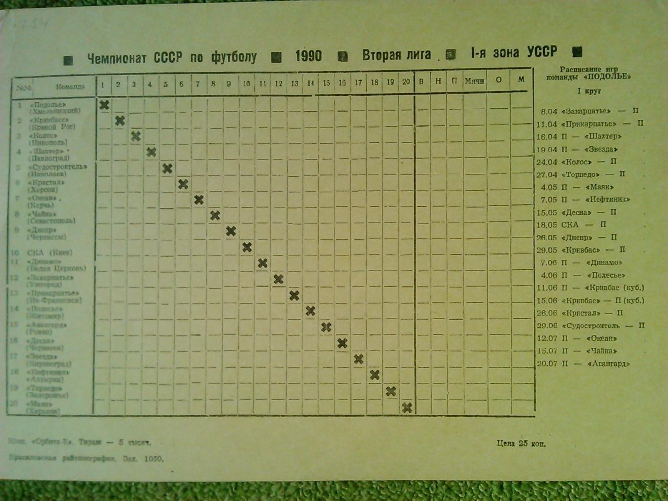 Чемпионат СССР по футболу. 1990. вторая лига. Подолье Хмельницкий. Оптом скидки