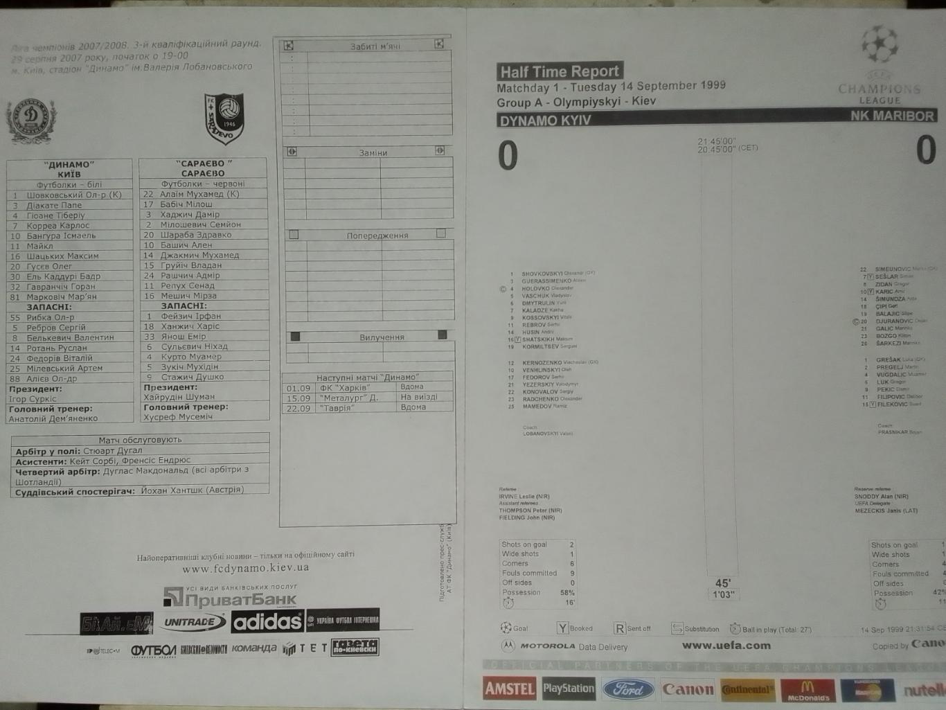 FC DYNAMO Kyiv, Динамо Київ - САРАЄВО Сараево Сербія 29.08.2007 Оптом скидки 40%