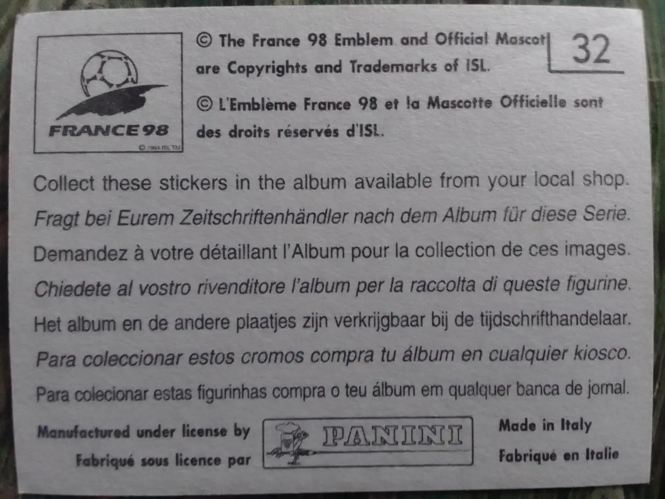 Наклейка Паннини Франция ЧМ 1998. Шотландия. №32. Оптом скидки до 33% БФК 1