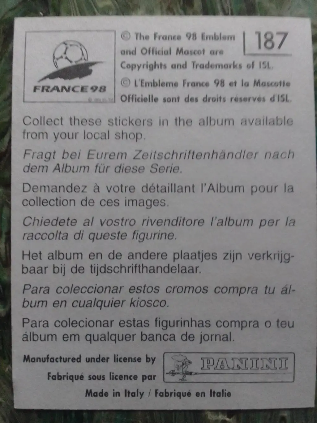 Наклейка Паннини Франция ЧМ 1998. ПАР № 187. Оптом скидки до 33% 1
