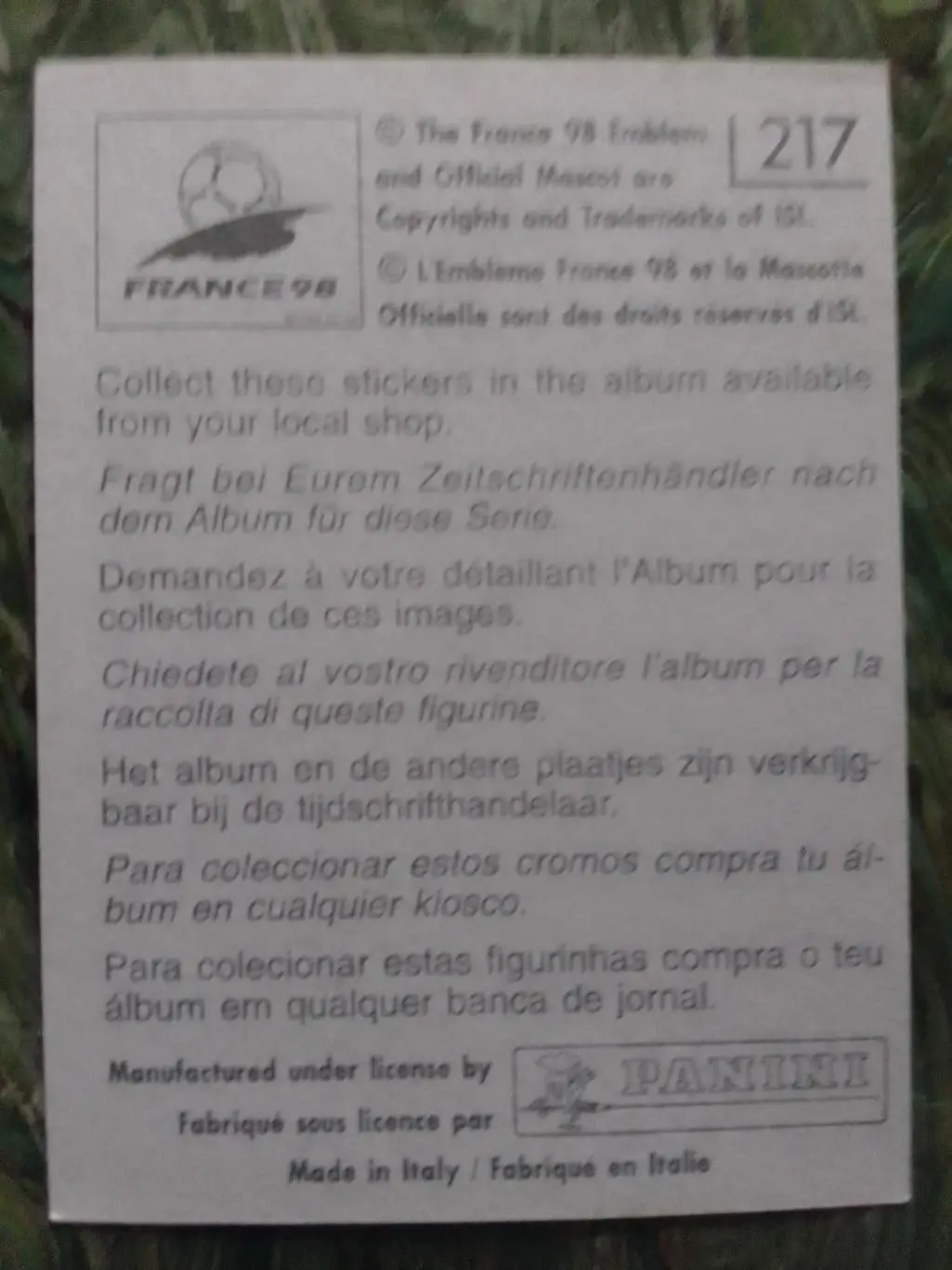 Наклейка Паннини Франция ЧМ 1998. ДАНИЯ № 217. Оптом скидки до 33% 1