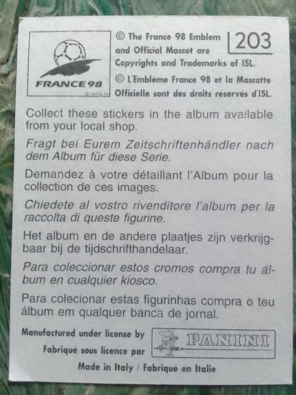 Наклейка Паннини Франция ЧМ 1998. Сауд.Аравия. №203. Оптом скидки до 33% БФК 1