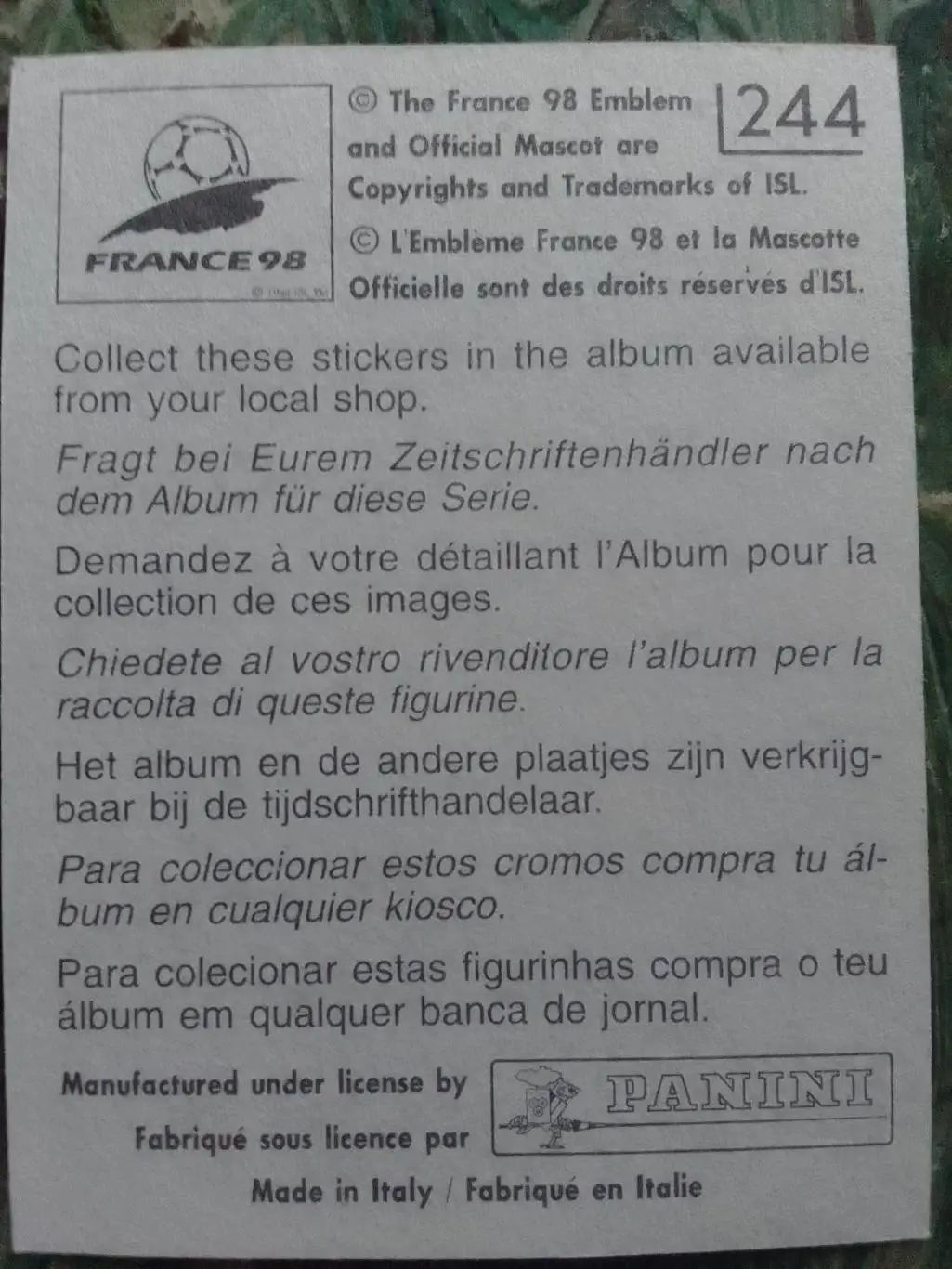 Наклейка Паннини Франция ЧМ 1998. Испания. №244. Оптом скидки до 33% БФК 1