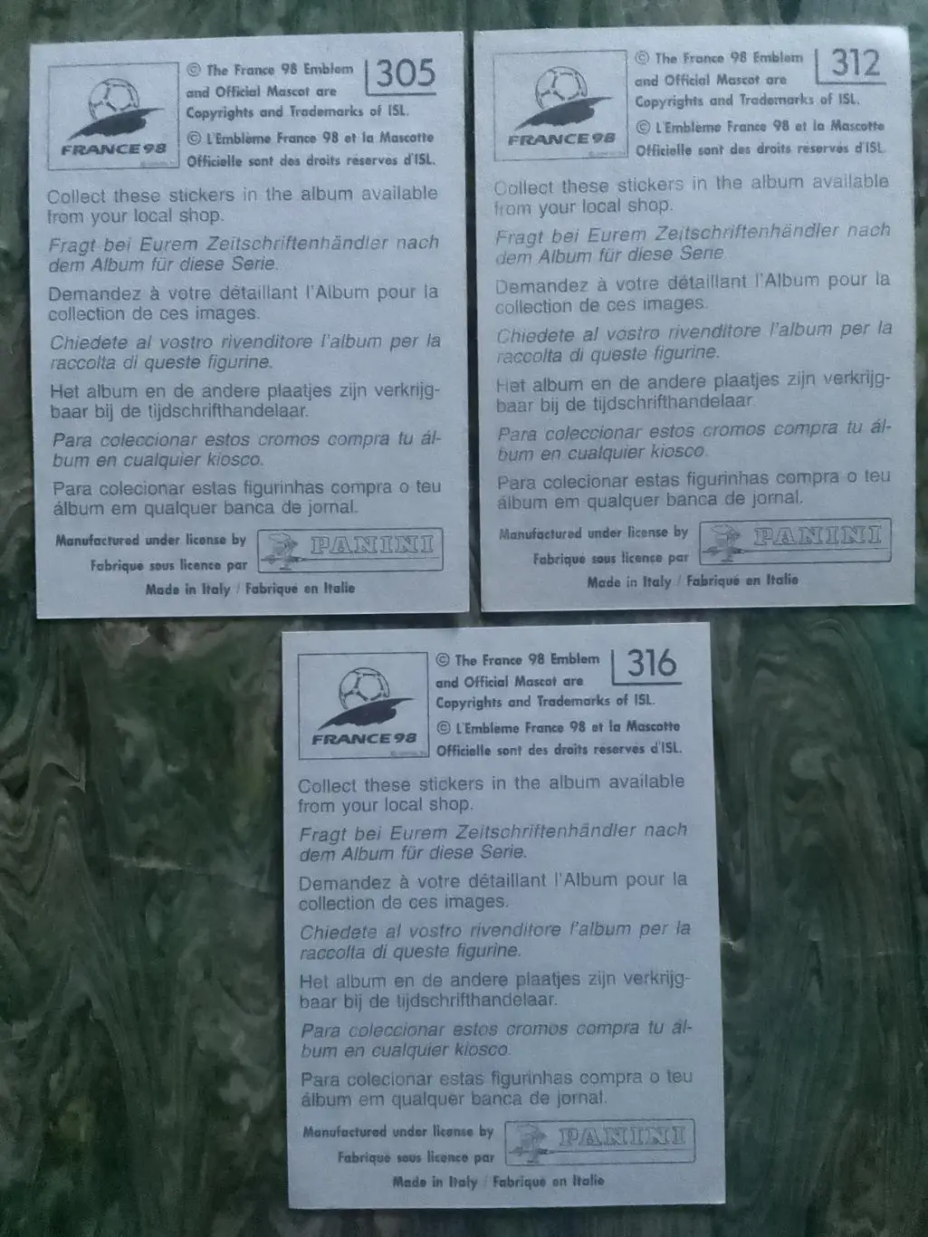 Паннини Франция ЧМ 1998. Голандия. №305. 312. 316. Оптом скидки до 33% 1